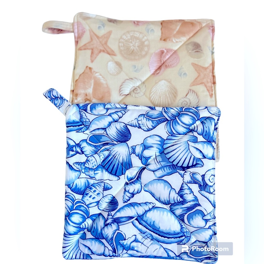Hand Crafted Colorful Beach Potholders or Hot Mat Trivet Fabric Coastal Theme